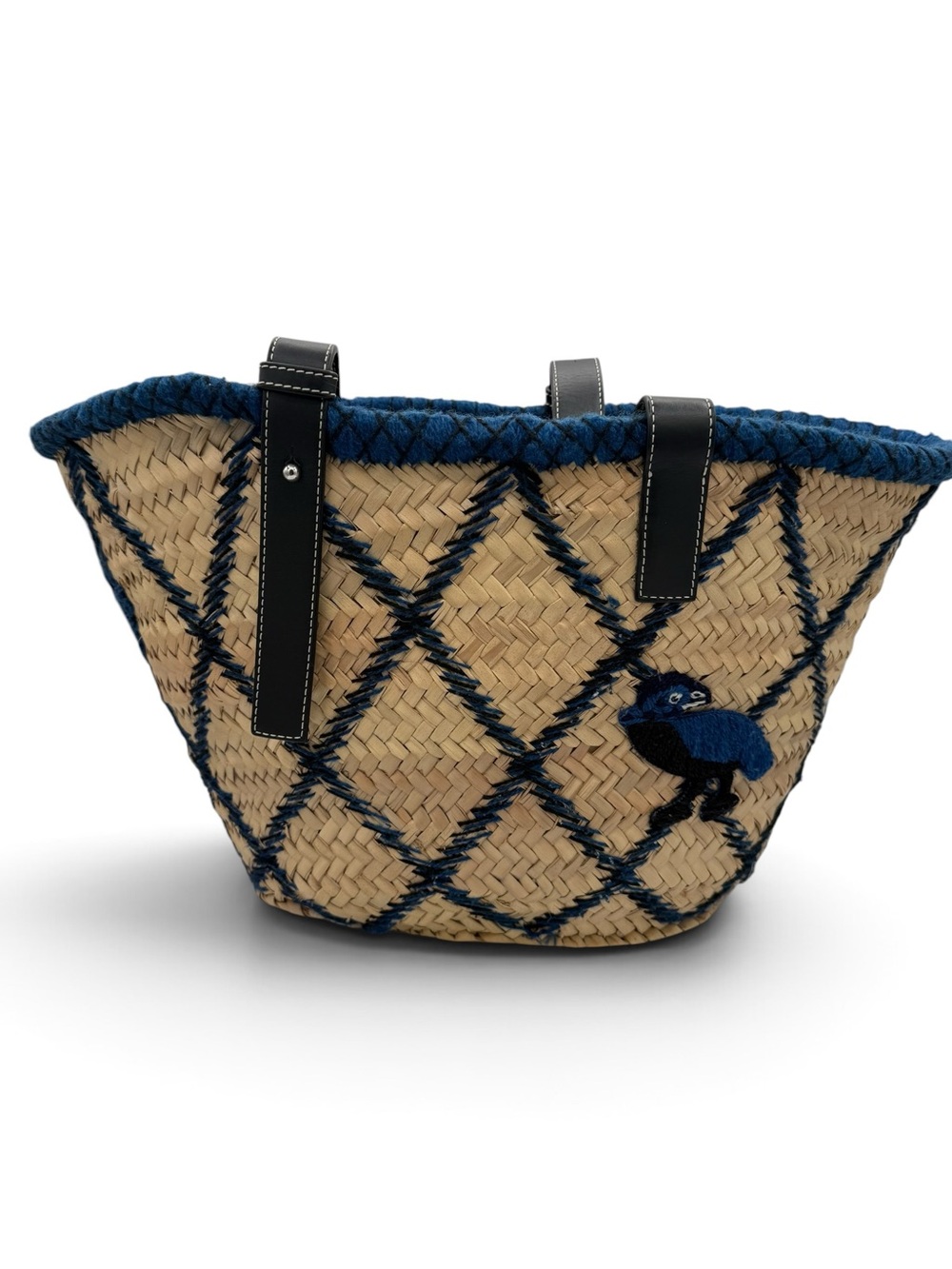 Loewe Paula’s Ibiza Embroidered Anagram Basket Tote Natural Black & Blue Raffia - Picture 6 of 11